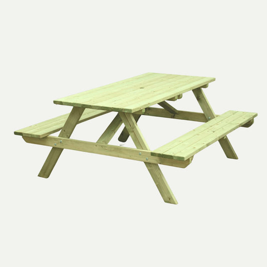 The KDM Standard - A Frame Table SPB180 (160cm x 180cm) is a sturdy wooden picnic table with attached benches, featuring a natural wood finish—perfect for outdoor dining or pairing with other timber garden products.