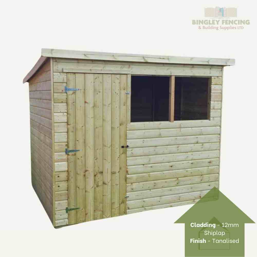 A pent roof wooden shed, featuring a door with two metal hinges and two adjacent windows. Text overlay reads, Bingley Fencing, with an arrow pointing to Cladding - 12mm Shiplap, Finish - Tanalised. Ideal for storage solutions!