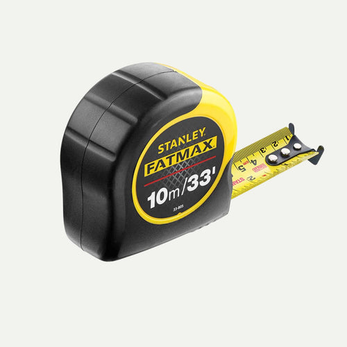 The John George Stanley FATMAX Tape Measure 10m/33' features a black and yellow case, yellow blade with metric and imperial units—ideal for measuring timber sleepers or fitting a galvanised steel connector.