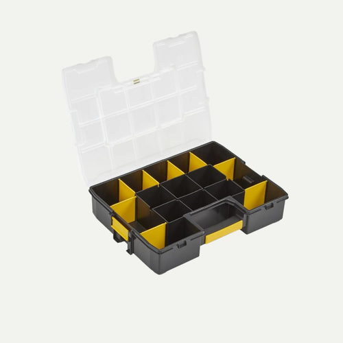 The Stanley SortMaster Organiser 375 x 292 x 70mm by Stanley, in black and yellow with a clear lid, is open to reveal multiple compartments—ideal for neatly arranging small items.