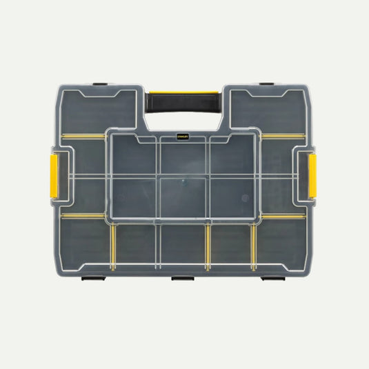 The Stanley SortMaster Organiser 375 x 292 x 70mm features a transparent plastic lid, black handle, yellow side latches, and multiple compartments—an ideal storage solution for small items or tools.