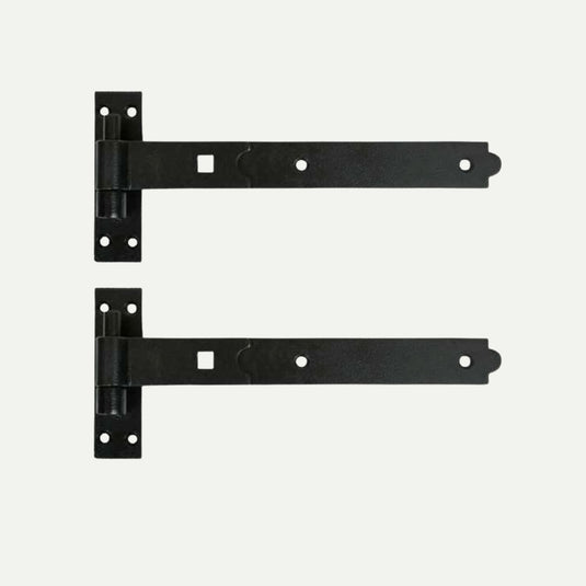 Two Henry Shaw Straight Heavy Duty Hook & Band Hinges in black, shown horizontally on a white background. Each hinge has multiple screw holes and squared corners, suitable for timber gates. Available in various sizes.