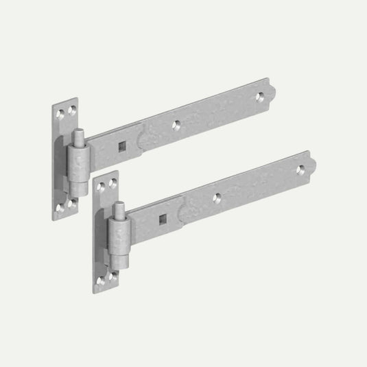 Two Henry Shaw Straight Heavy Duty Hook & Band Hinge Sets (Galv, various sizes) with rectangular base plates and elongated arms lie parallel on a white background. Each set has multiple screw holes for secure mounting—ideal for field and driveway gates.