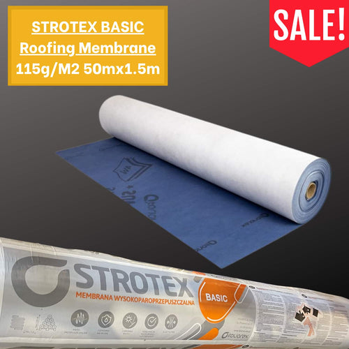 A roll of Reduced STROTEX BASIC - Roofing Membrane 115g/M2 50mx1.5m by Strotex is shown on a black background with product details, packaging, and a red SALE! tag in the top right corner.