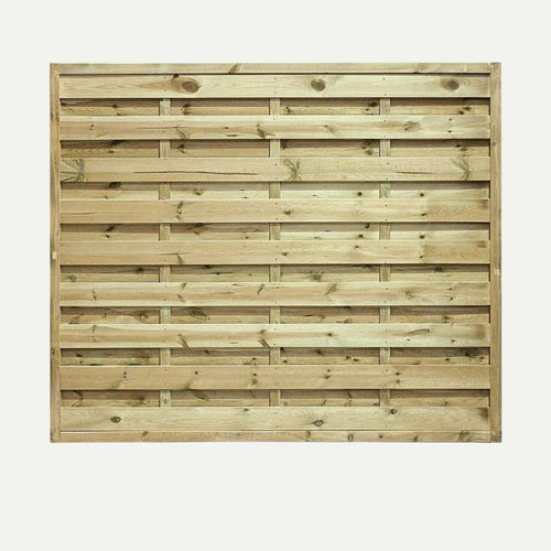 The KDM Square Horizontal Fence Panel (SH) features solid horizontal slats in a staggered pattern with a natural wood finish and visible grain, set against a plain, light-colored background.