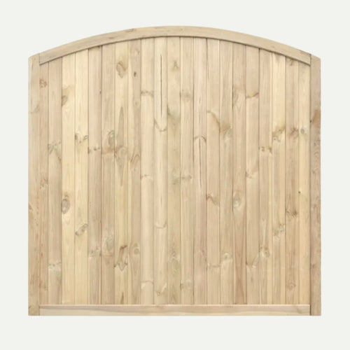 The KDM Arched Tongue & Groove Fence Panel (TGA180) features vertical planks, a natural light wood finish, and an arched top for added privacy fencing.