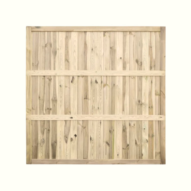 Load image into Gallery viewer, The KDM Tongue &amp; Groove Fence Panels Flat Top (TGF) is a square wooden privacy panel featuring vertical planks and three horizontal support beams, shown against a plain, light background.
