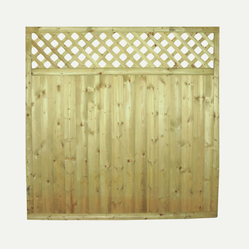 The KDM Reduced 5ft High Tongue & Groove Lattice Top Fence Panel (TGLT150) features vertical planks below and a decorative diamond lattice above, shown against a plain light background.