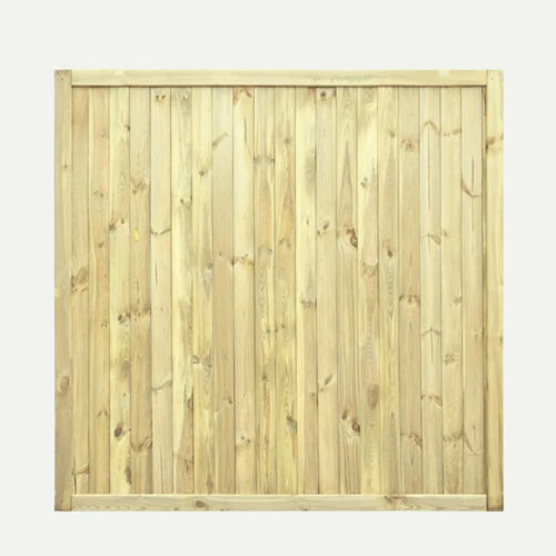 The KDM Tongue & Groove Fence Panels Flat Top (TGF) features vertical light brown wooden planks with horizontal framing, providing a stylish privacy fence against a plain white background.