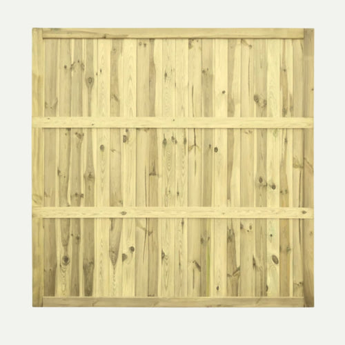 The KDM Tongue & Groove Fence Panels Flat Top (TGF) is a square wooden privacy panel featuring vertical planks and three horizontal support beams, shown against a plain, light background.