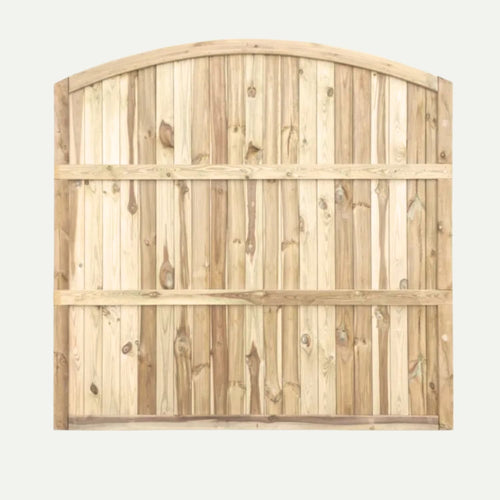 The KDM Arched Tongue & Groove Fence Panel (TGA180) features vertical planks, horizontal support beams, an arched top, and is crafted from light-colored wood in the European style.