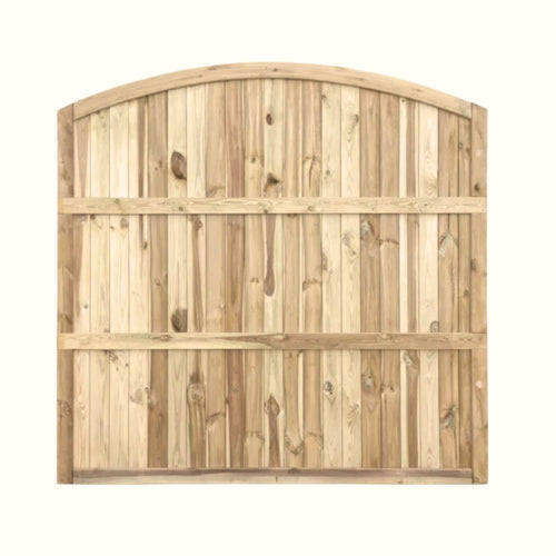 The KDM Arched Tongue & Groove Fence Panel (TGA180) features vertical planks, horizontal support beams, an arched top, and is crafted from light-colored wood in the European style.