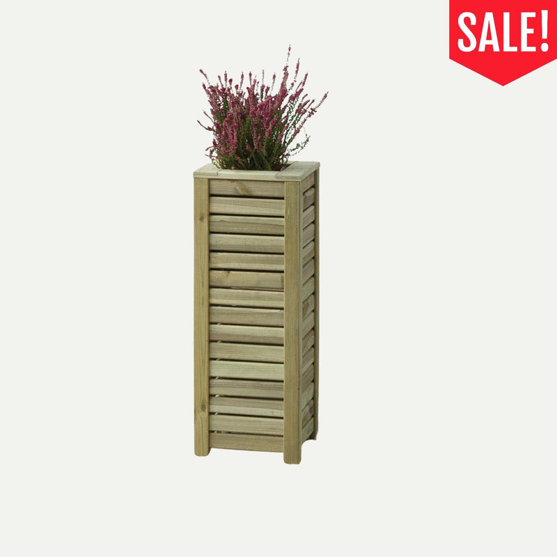 Load image into Gallery viewer, A KDM Tall Slatted Timber Planter 300mm x 300mm x 800mm – Clearance, featuring a pink flowering plant and a red SALE! pennant in the corner.
