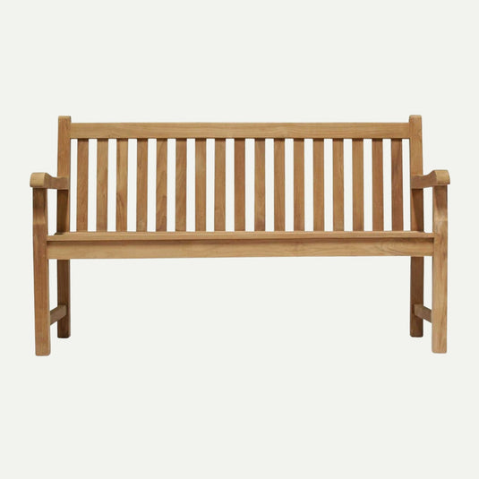 The Bingley Fencing 1.5m Teak Garden Bench features a straight slatted back and seat, armrests, and a natural wood finish—ideal hardwood outdoor seating for any space in Bradford West Yorkshire.