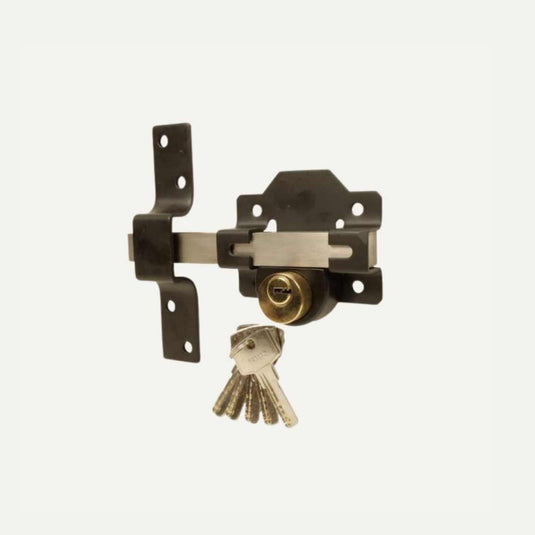 The Bingley Fencing Long Throw Key Lock features a black and stainless steel double-locking mechanism, mounted on a light background. Five keys hang from the lock, highlighting its security-focused design. Available in 50mm or 70mm.
