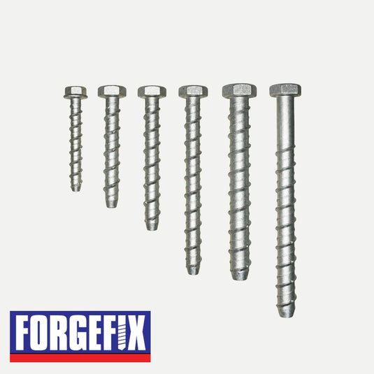 Five Lightning Bolts/Thunder Bolts of varying lengths are arranged in ascending order, highlighting their spiral thread. Ideal for masonry fixing and built with anti-corrosion features. The Forgefix logo appears at the bottom right corner with the tagline Youre never in a fix with Forgefix.