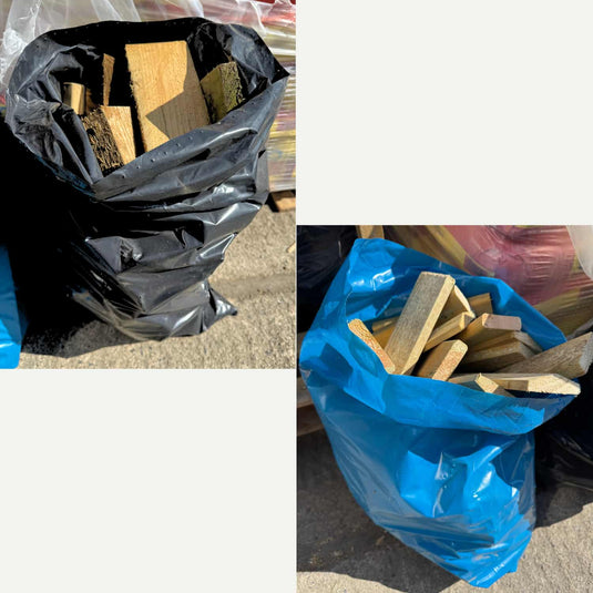 Two Mixed Timber Offcuts Bags from Bingley Fencing—one in black and one in blue—are filled with assorted timber pieces and placed outdoors on a concrete surface, offering an ideal solution for DIY projects or making use of surplus wood.
