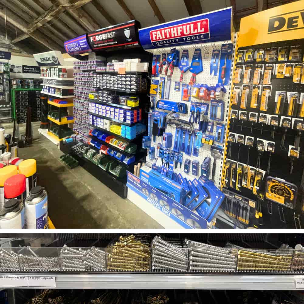 A hardware store aisle displays various tools, screws, and fasteners on shelves and pegboards, including Faithfull and DeWalt branded hand tools, spray cans, and organized boxes of hardware.