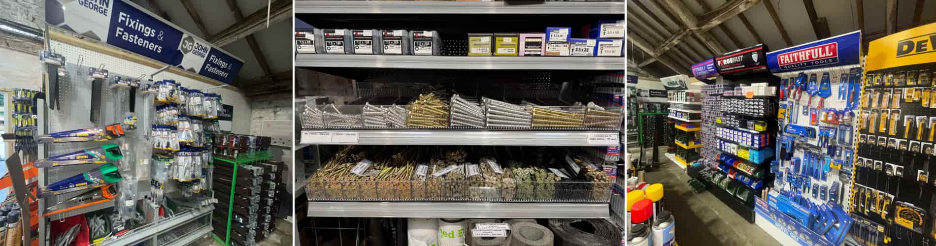 A hardware store aisle with shelves displaying fasteners, screws, nails, and tools in organized rows. Brands like Faithfull and DeWalt are visible, and products are arranged in clear packaging.