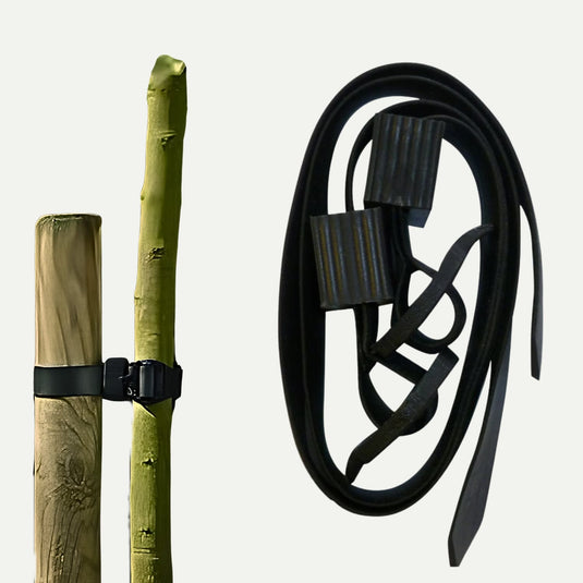Two wooden poles are secured using Apollo Buckle Tree Ties 18