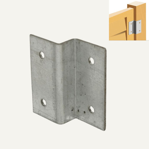 Metal corner brace with inset showing its application on a wooden surface.
