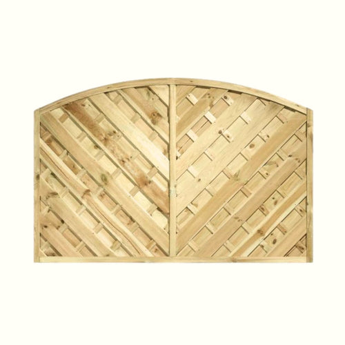 The KDM 'V' Arched Solid Fence Panel - VA features a stylish diagonal chevron pattern with intersecting planks and an arched top, providing privacy and lasting durability thanks to pressure-treated wood.