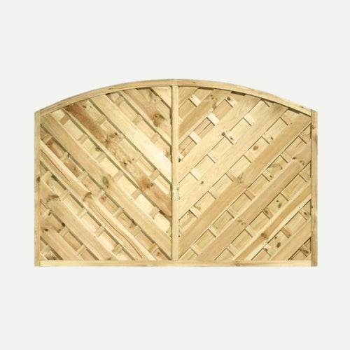 The KDM 'V' Arched Solid Fence Panel - VA features a stylish diagonal chevron pattern with intersecting planks and an arched top, providing privacy and lasting durability thanks to pressure-treated wood.