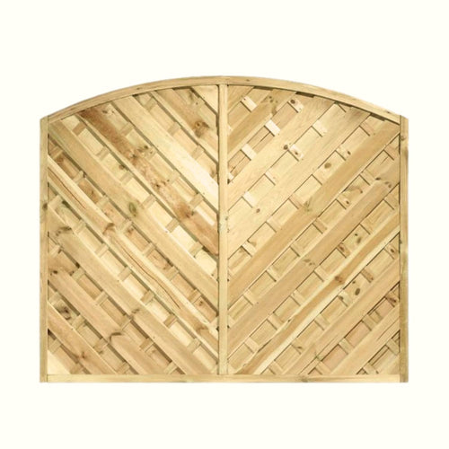 The KDM 'V' Arched Solid Fence Panel - VA is crafted from light-colored, pressure-treated wood. Its decorative lattice pattern and arched top combine style with durability, making it ideal for adding privacy to your garden.