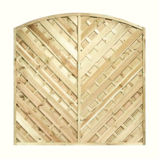 The KDM 'V' Arched Solid Fence Panel - VA features a chevron lattice pattern and arched top in light-colored wood, offering style and charm to any outdoor space and perfectly complementing chevron fence panels.