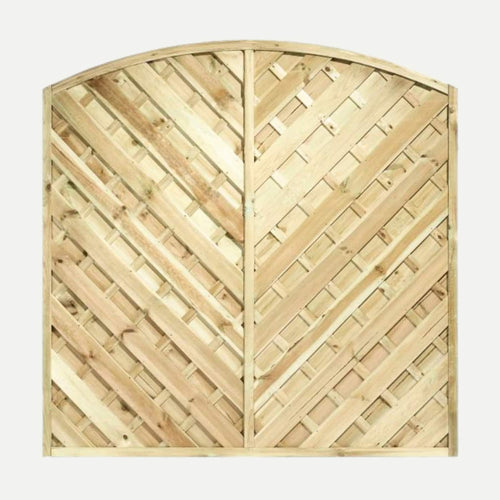 The KDM 'V' Arched Solid Fence Panel - VA features a chevron lattice pattern and arched top in light-colored wood, offering style and charm to any outdoor space and perfectly complementing chevron fence panels.