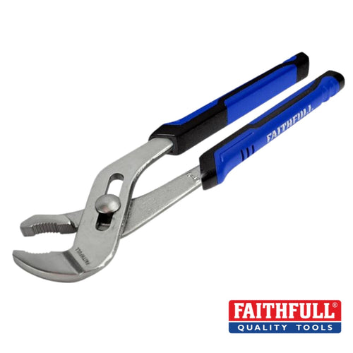 Faithful - Waterpump Pliers Soft-Grip 250mm are expertly crafted from durable chrome-vanadium steel. These pliers feature blue and black cushion-grip sleeves for enhanced comfort and versatility with an adjustable jaw, proudly displaying the Faithfull logo in the lower right corner.