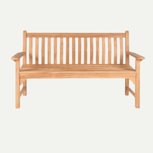 The Bingley Fencing 1.5m Wave Back Teak Garden Bench features vertical slats on the backrest, armrests on each side, and a natural teak finish, offering stylish outdoor seating against a plain background.