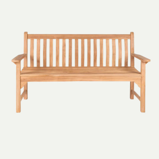 The Bingley Fencing 1.5m Wave Back Teak Garden Bench features vertical slats on the backrest, armrests on each side, and a natural teak finish, offering stylish outdoor seating against a plain background.