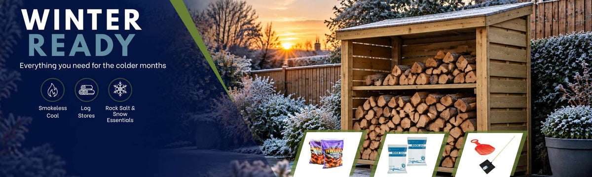 A snowy backyard with a wooden log store filled with firewood. Winter products, including coal, logs, salt, and a snow shovel, are displayed at the bottom beside text: WINTER READY.