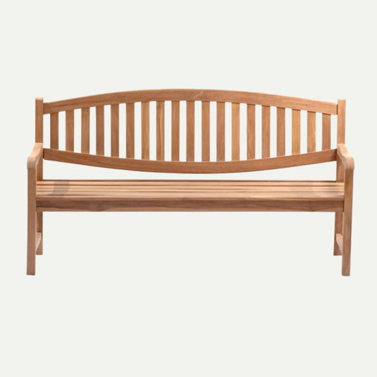 Introducing the Bingley Fencing 1.8m Curved Back Teak Garden Bench, crafted from durable teak wood and featuring a gracefully curved backrest with vertical slats and armrests on both sides. Its simple, natural finish lends timeless elegance to any garden or patio setting, making this outdoor bench an ideal blend of style and comfort for your outdoor space.