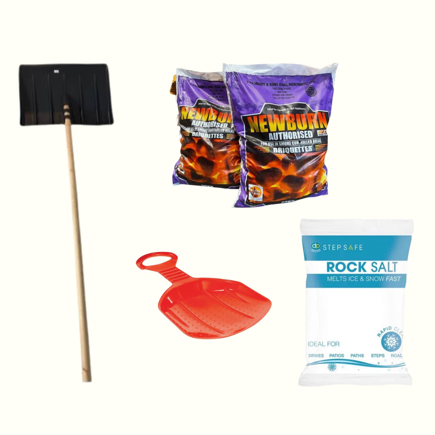 A snow shovel, two bags of Newburn briquettes, a red plastic snow sled, and a bag of Stepsafe rock salt arranged on a white background.