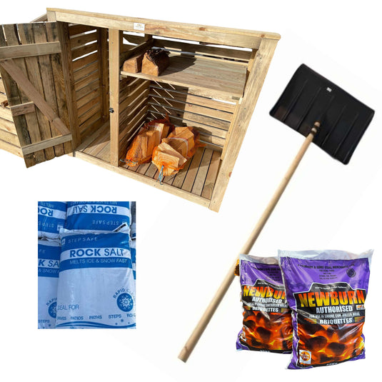 Winter essentials stock showing a log store, snow shovel and bags of coal and rock salt