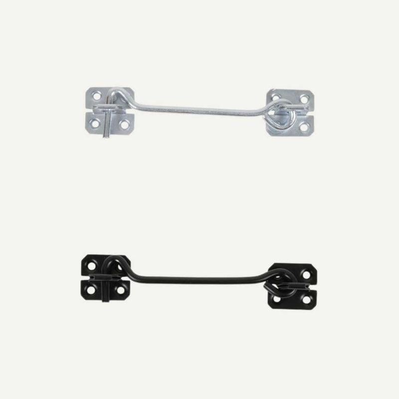 Load image into Gallery viewer, Two versions of the Henry Shaw Wire Cabin Hook - 8 are displayed: the silver one has a flat hook, and the black one features a rounded hook. Both are surface-mounted with two plates and screw holes for easy installation, offering practical locking solutions in various colors.
