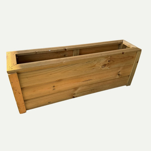 The Bingley Fencing Fence Top Planter – Wooden Decking & Balustrade Planter features a rectangular shape with visible wood grain and reinforced corners, reminiscent of high-quality decking planters, and is displayed against a plain white background.