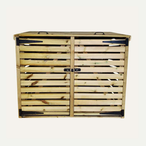 The Bin Store by Bingley Fencing features a hinged lid and optional doors with horizontal slats. Made from pressure-treated timber, it has a flat roof and central latch, with black metal hinges and handles for added sturdiness.