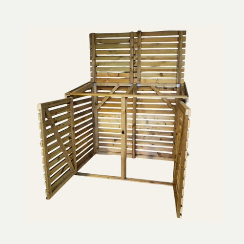 The Bin Store by Bingley Fencing features an open-slat design with two compartments and a hinged lid. Made from pressure-treated timber, the vertical planks allow ventilation for composting. Its available with or without doors, showing its interior space.