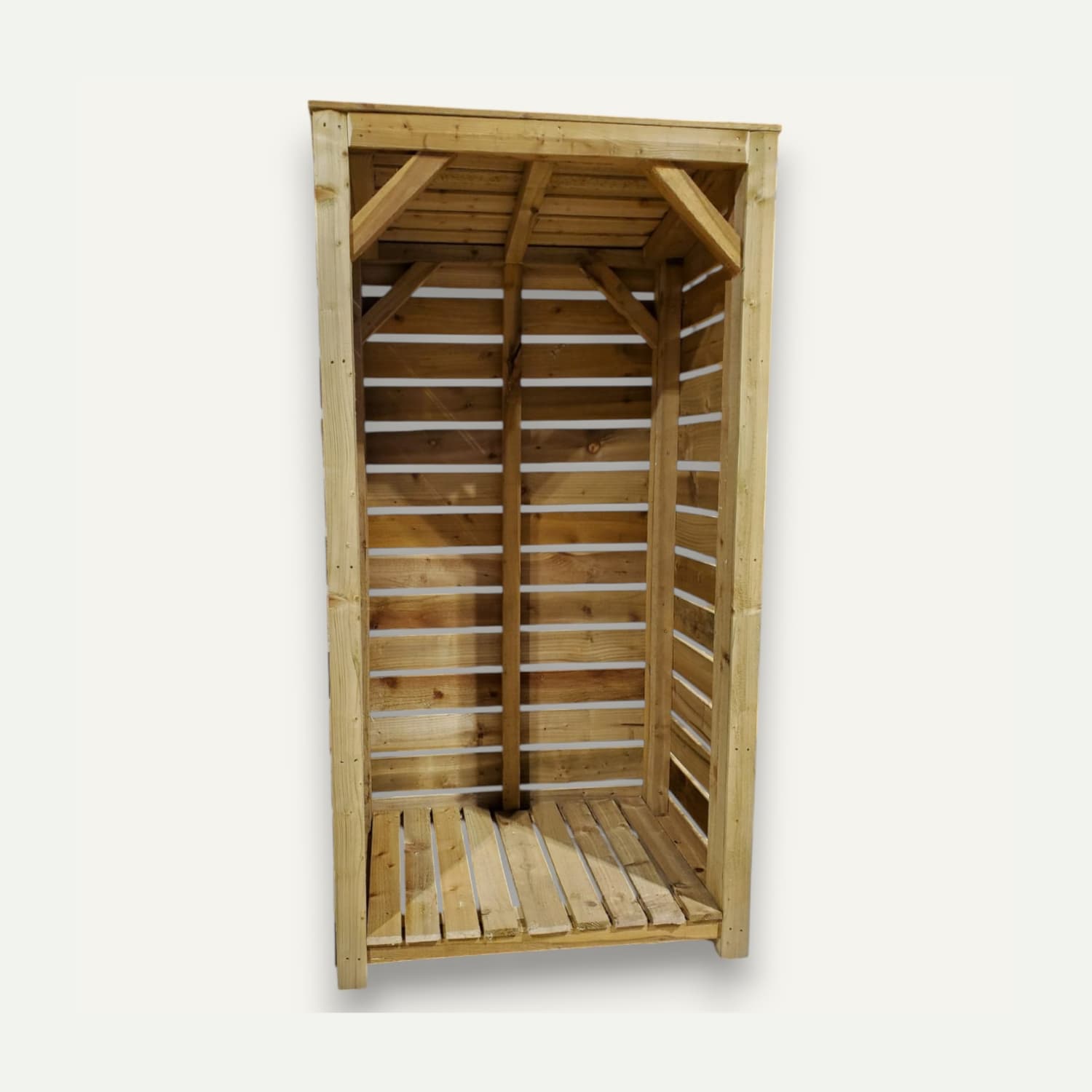 The Bingley Fencing Tall Log Store, designed for outdoor use, features a slatted back and base. Made from pressure-treated light brown timber with a peaked roof and open front for easy access, its rough sawn timbers lend rustic charm to this durable storage solution.