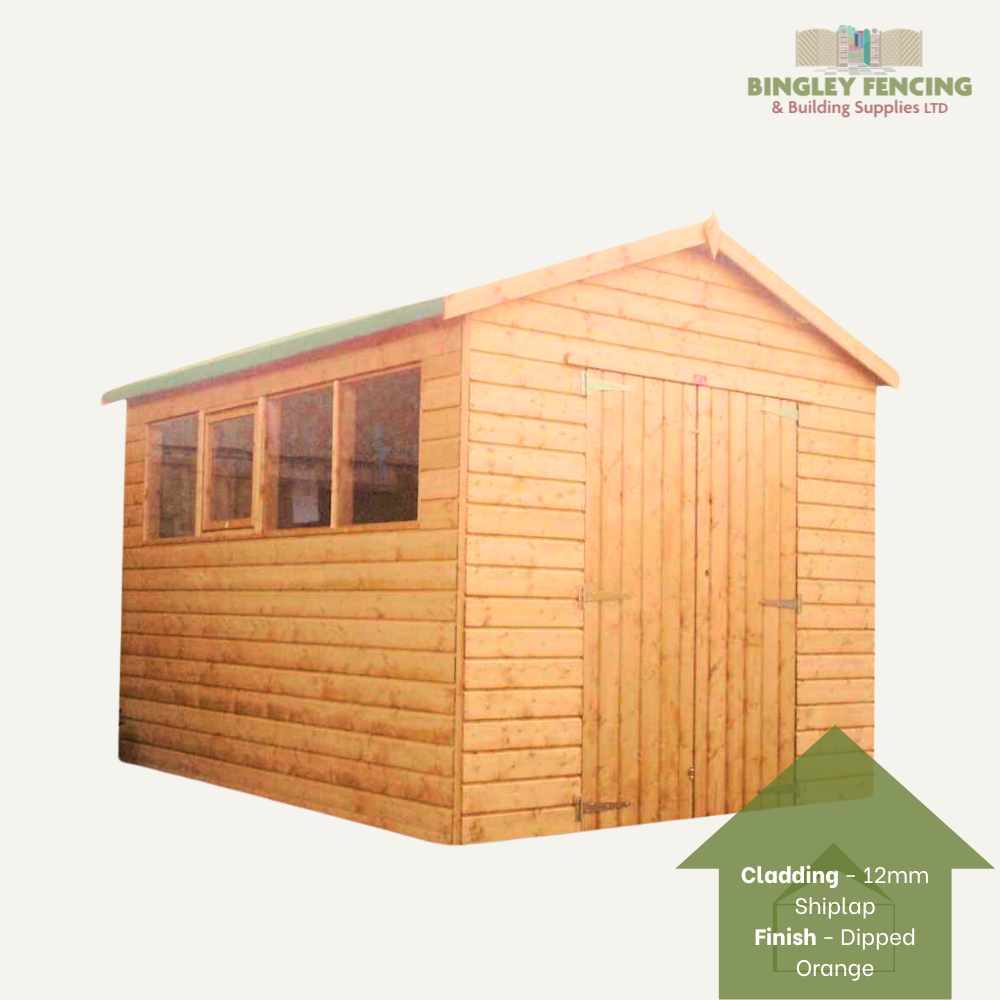 The Workshop - Speciality Shed by Bingley Fencing includes a pitched roof, three windows on the side, and a large door. It's constructed from 12mm shiplap cladding with a dipped orange finish, and the Bingley Fencing & Building Supplies LTD logo is in the top right corner.