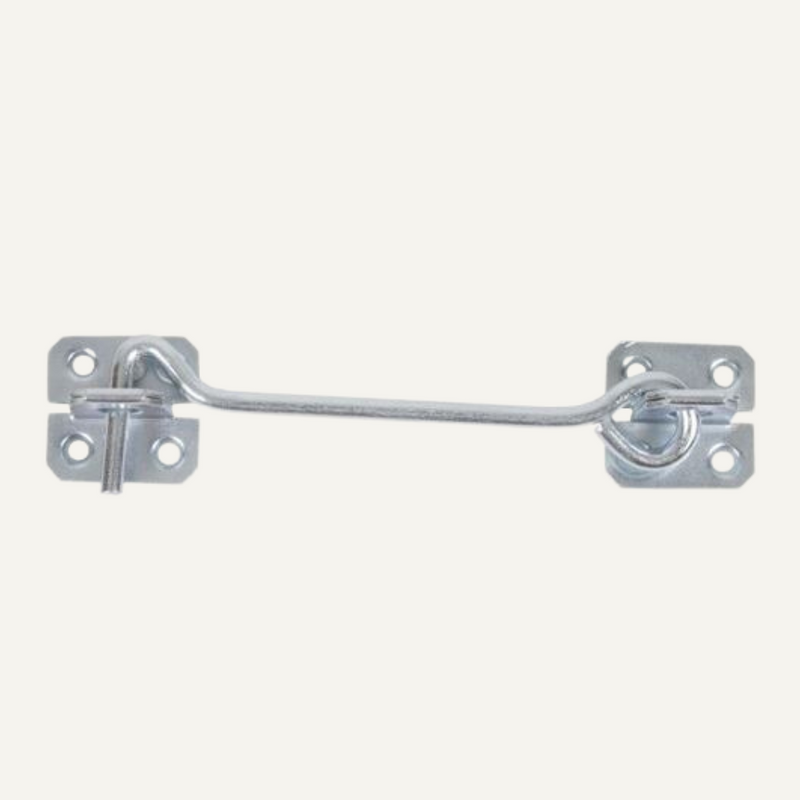 Load image into Gallery viewer, The Henry Shaw Wire Cabin Hook - 8 is a metal latch with a curved hook and two rectangular plates, each featuring four screw holes. Designed for easy installation and secured by a loop on the right plate, it provides reliable security on a white background.
