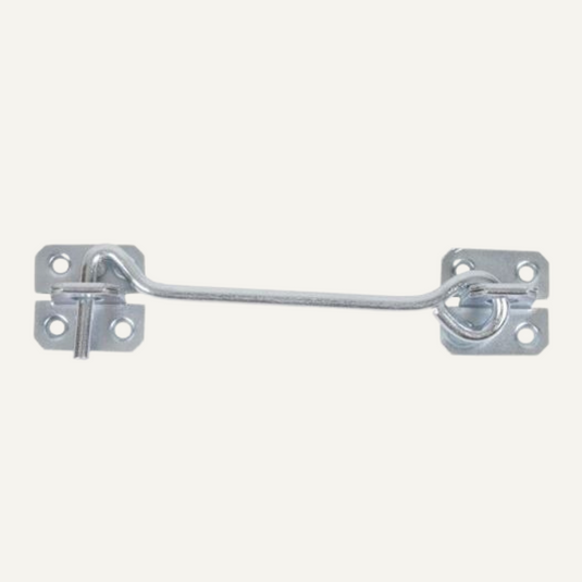 The Henry Shaw Wire Cabin Hook - 8 is a metal latch with a curved hook and two rectangular plates, each featuring four screw holes. Designed for easy installation and secured by a loop on the right plate, it provides reliable security on a white background.