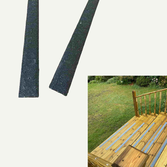 Two Bingley Fencing Anti Slip Decking Strips (1200mm Long, Black) are displayed separately on a white background, with an inset image in the lower right showing them installed on timber decking steps outdoors on a grassy lawn to provide improved grip.