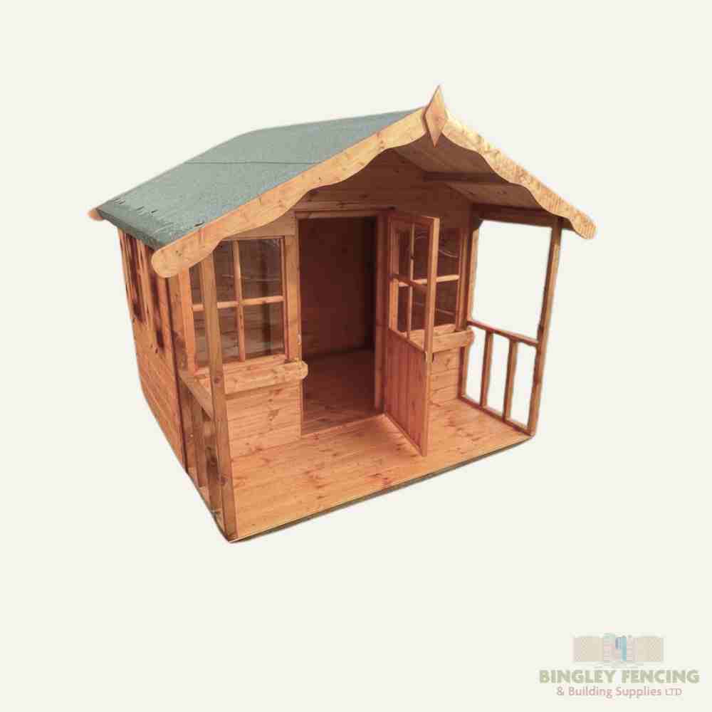 The Apple Tree Playhouse by Bingley Fencing is a delightful wooden structure with a pitched roof, two windows, and an open door, perfect for sparking childrens imaginative play and outdoor adventures.