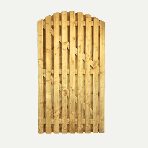The Bingley Fencing Paling Gates Double Sided 2" Gaps - Arched Top features vertical slats, a rounded top, and diagonal support beams. Crafted from light-colored wood, this outdoor gate is shown isolated on a plain white background.