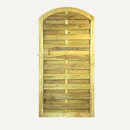 The KDM Arched Horizontal Euro-Gate (AHG180) features an arched top and a natural finish crafted from horizontal and vertical timber planks, set against a plain white background.