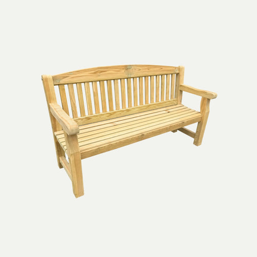 The KDM 5ft Long Wooden Garden Bench - B150 features a slatted seat and backrest, armrests on both sides, and a natural light wood finish. Crafted from tanalised softwood for durability. Shown against a plain white background.